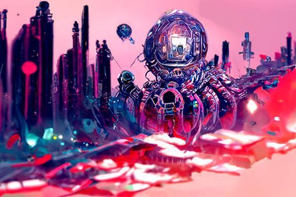 Cyberpunk Space Station in Volcanic Sky with Gears and Light...