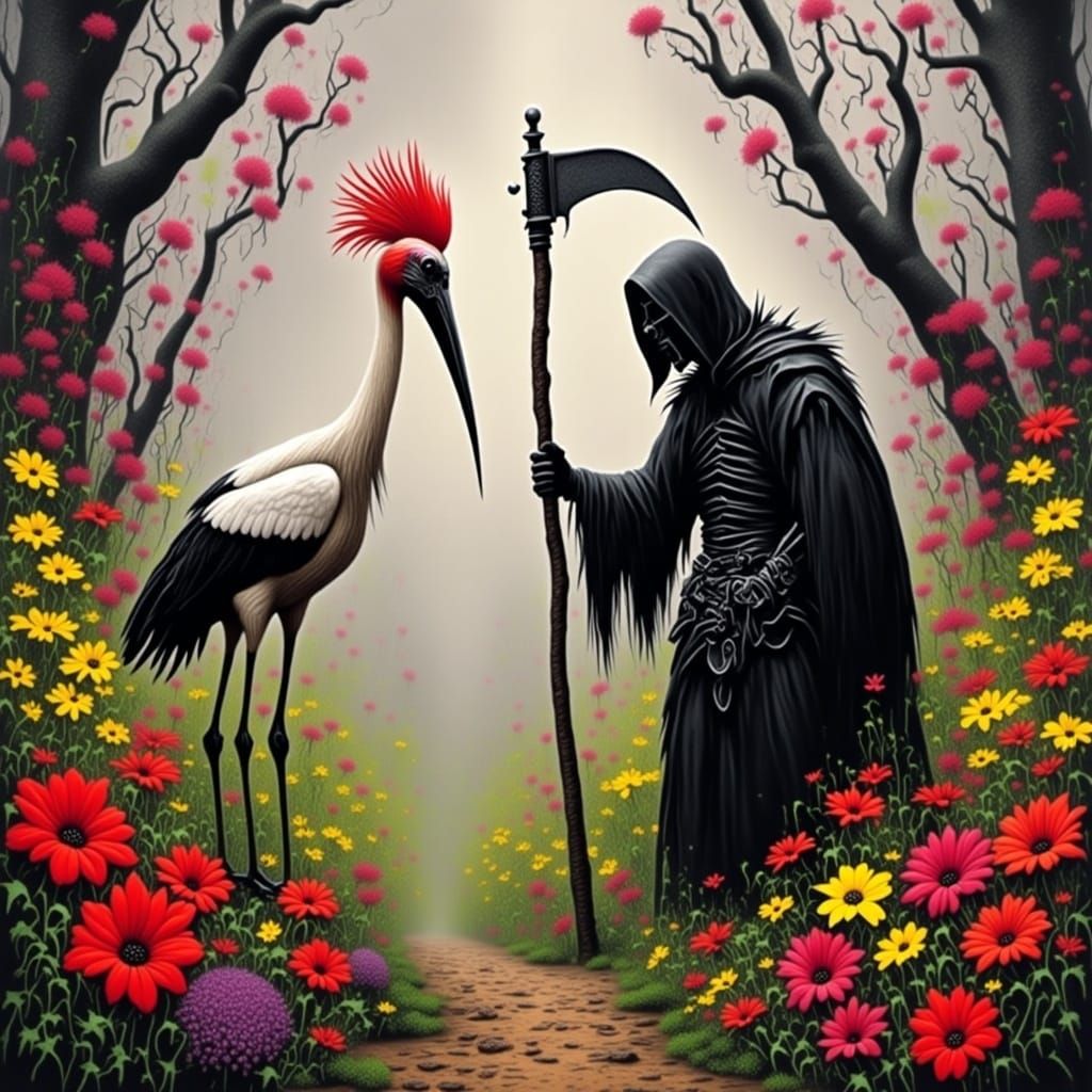 Surreal Street Art Encounter: Grim Reaper Meets Stork in Flo...