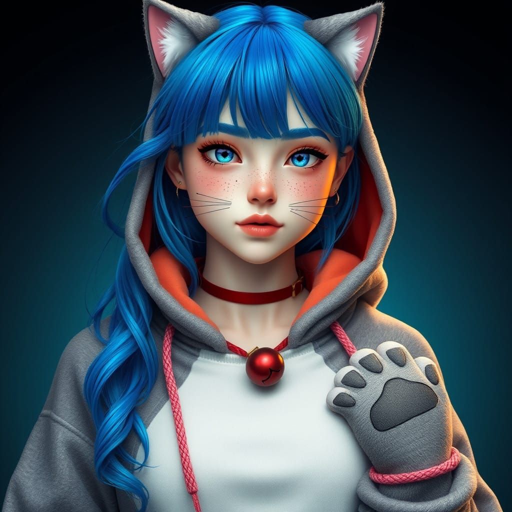 Whimsical Feline-Inspired Portrait with Bright Blue Hair and...