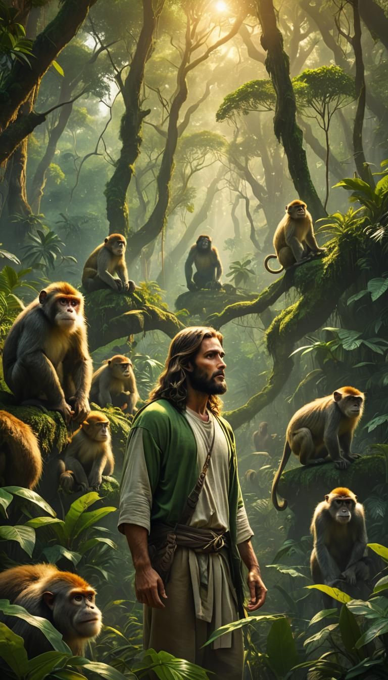 Jesus in Lush Jungle Habitat with Sri Lankan Monkeys in Back...