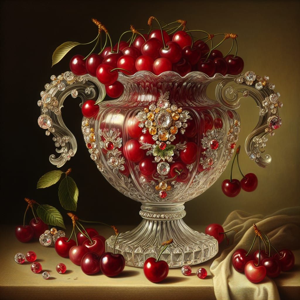 Ethereal Cherries in Ornate Crystal Vase, Baroque Style