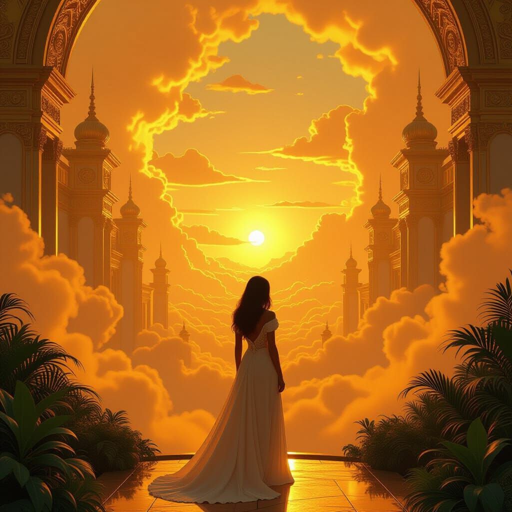 Golden Dreamscape: Woman in Gilded Architecture