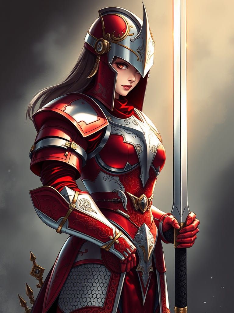 Elegant Fantasy Warrior in Red and White Plate Armor