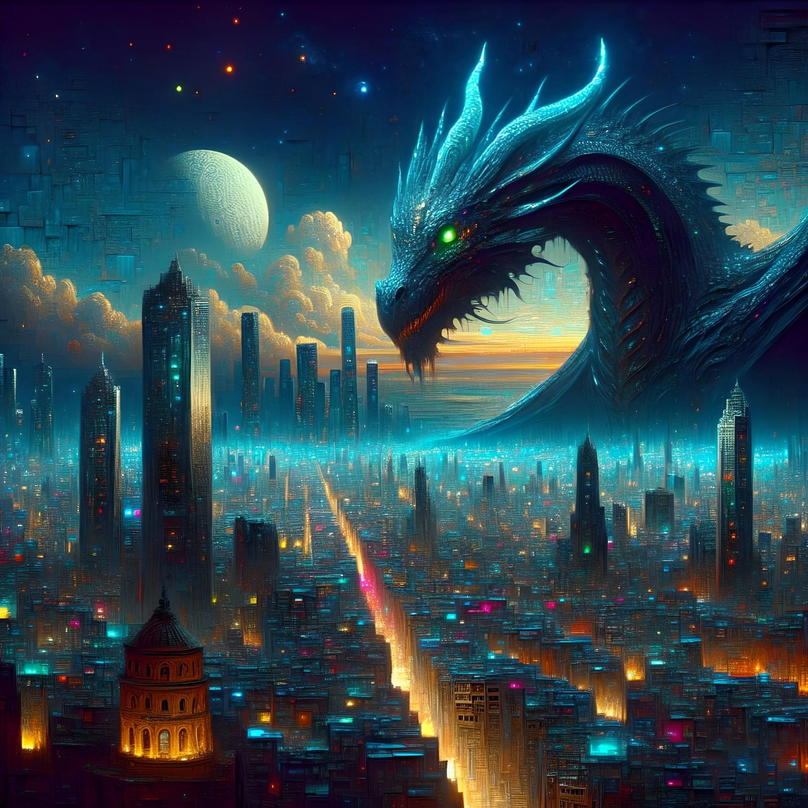 Dragon Over Neon Cityscape as Oil Painting