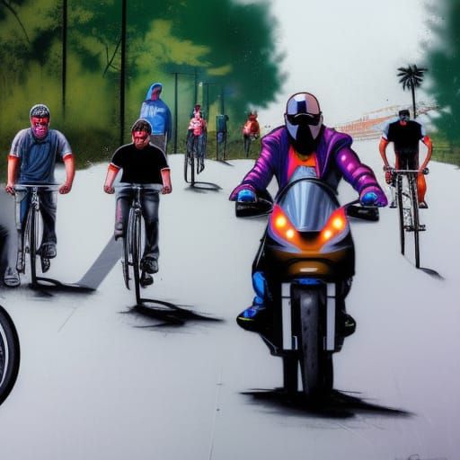 group of cyclist is overtaken by one motorcycle driver