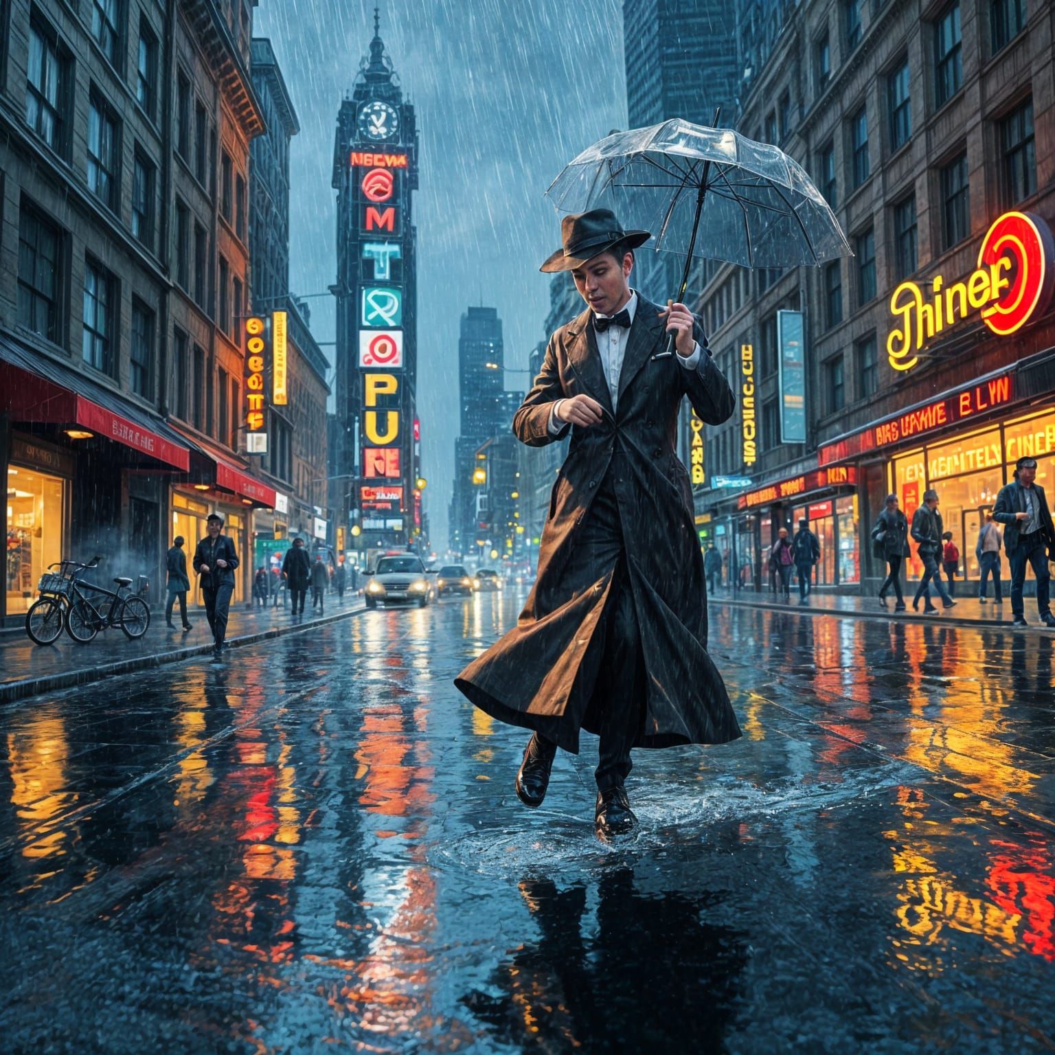 Vibrant Cityscape with Tap Dancer in Rainy Weather