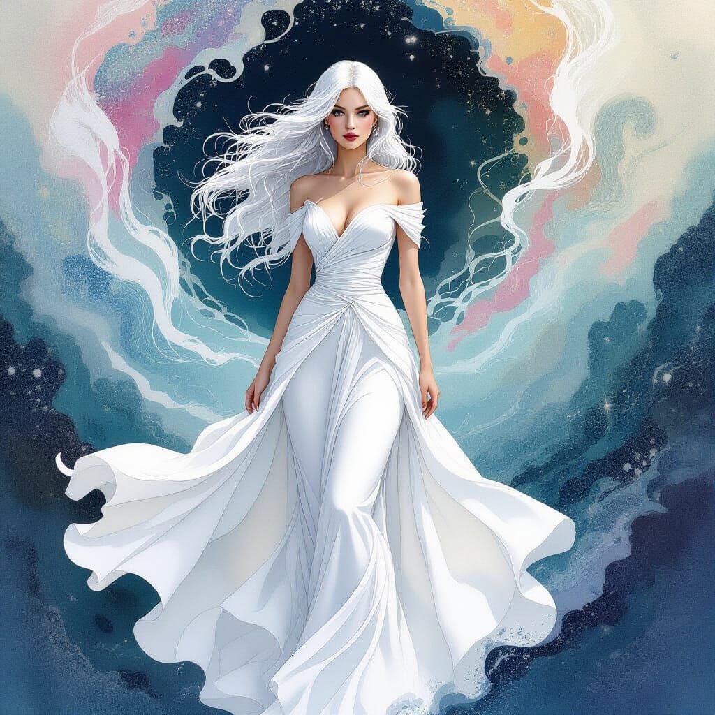 Ethereal Woman in Fantasy Landscape as Ink Wash Painting