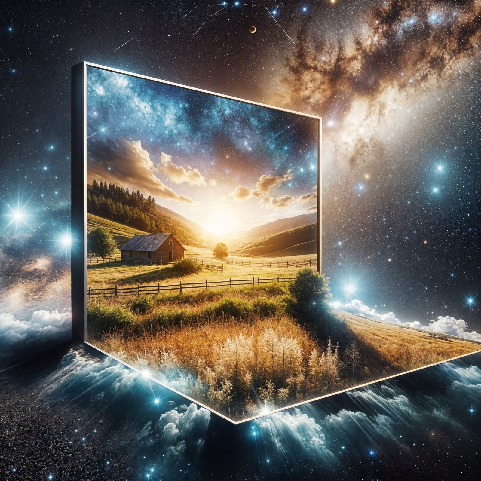 Cinematic Cosmic Frame Surrounds Luminous Pastoral Scene