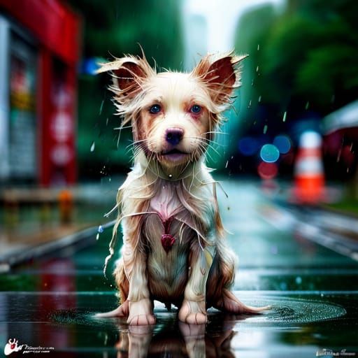Surreal Rainy Dog in Hyperreal Splash Art