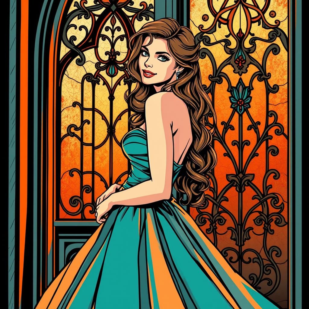 Elegant Woman in Stained Glass Dreamscape