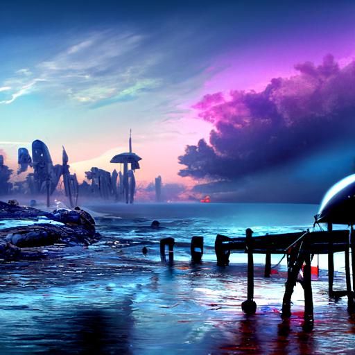 Twilight Pier on a Futuristic Alien Beach