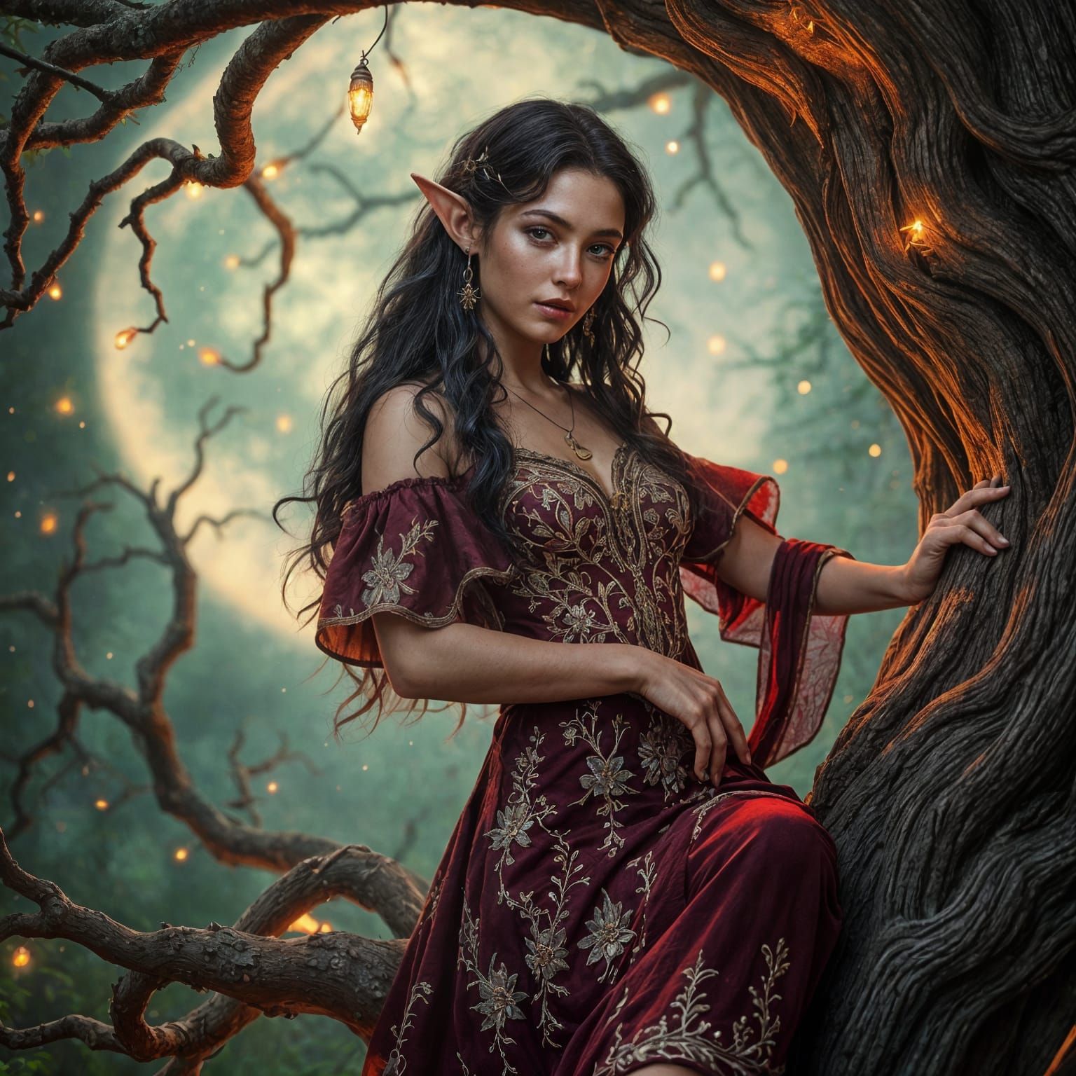 Vibrant Elf Maiden Climbs Tree Amidst Whimsical Firefly Glow