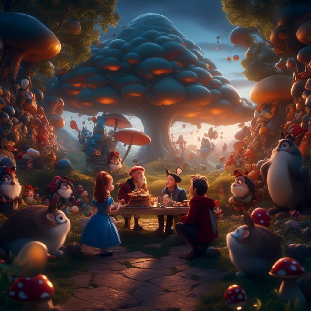 Cinematic Sunset Scene with Seven Dwarves and Wonderland Her...