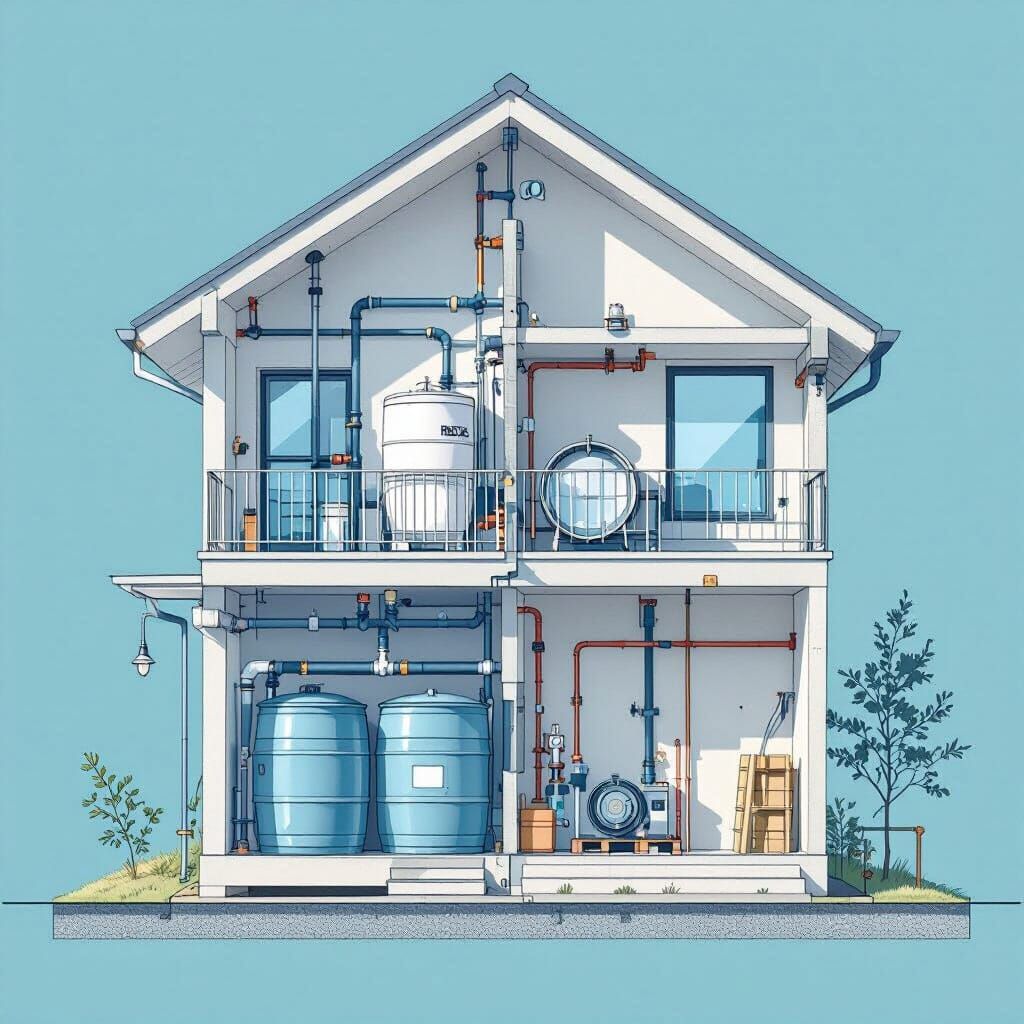 Building Cross-Section: Water Pipes to Rainwater Barrels