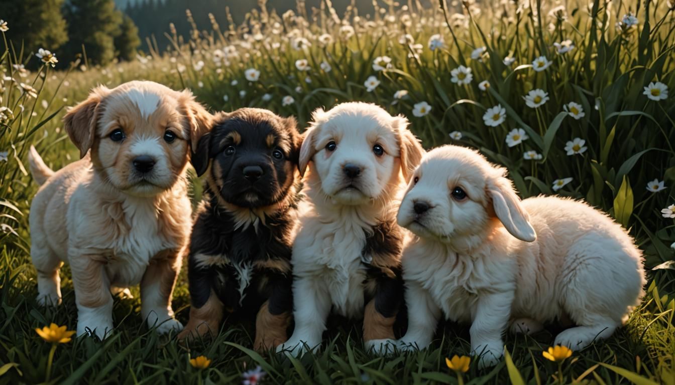 Playful Puppies and Rabbits in a Vibrant Meadow Scene