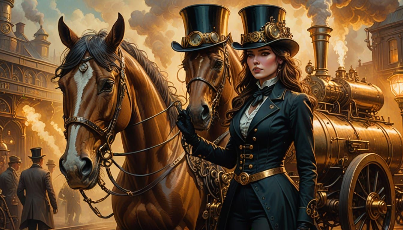 Steampunk Woman with Horse Engine as Comic Art