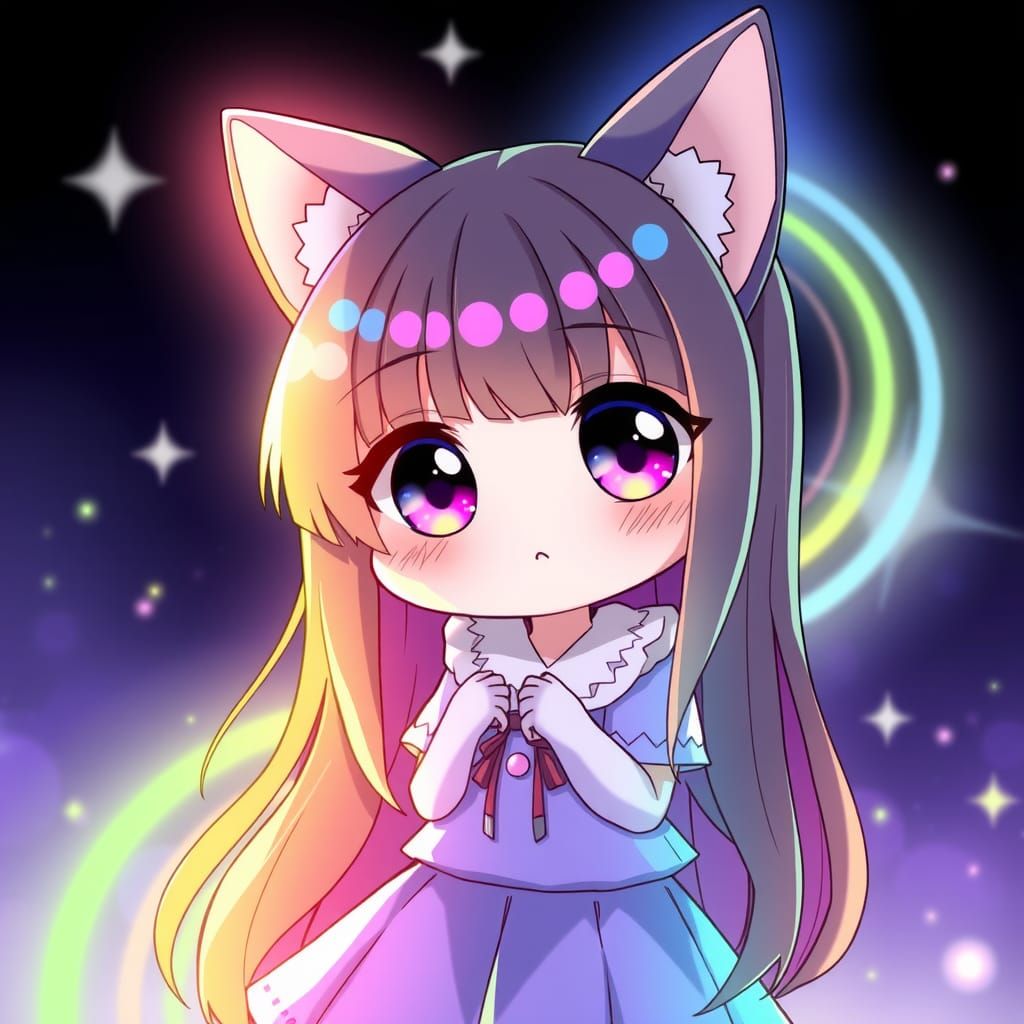 Vibrant Chibi Catgirl Dances Under Starry Night Sky