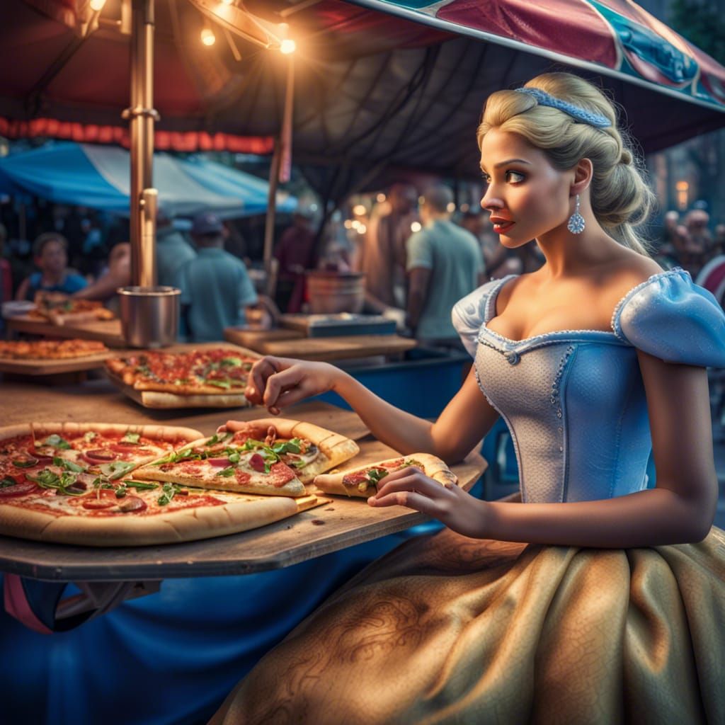 Cinderella Savoring Pizza at a Vibrant Street Cart in Retro....