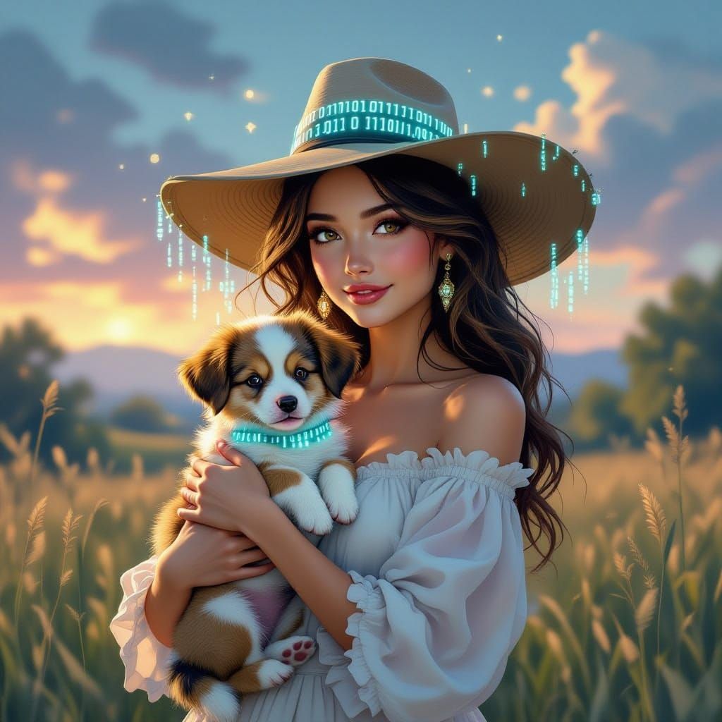 Whimsical Woman with Data Puppy in Dreamlike Landscape