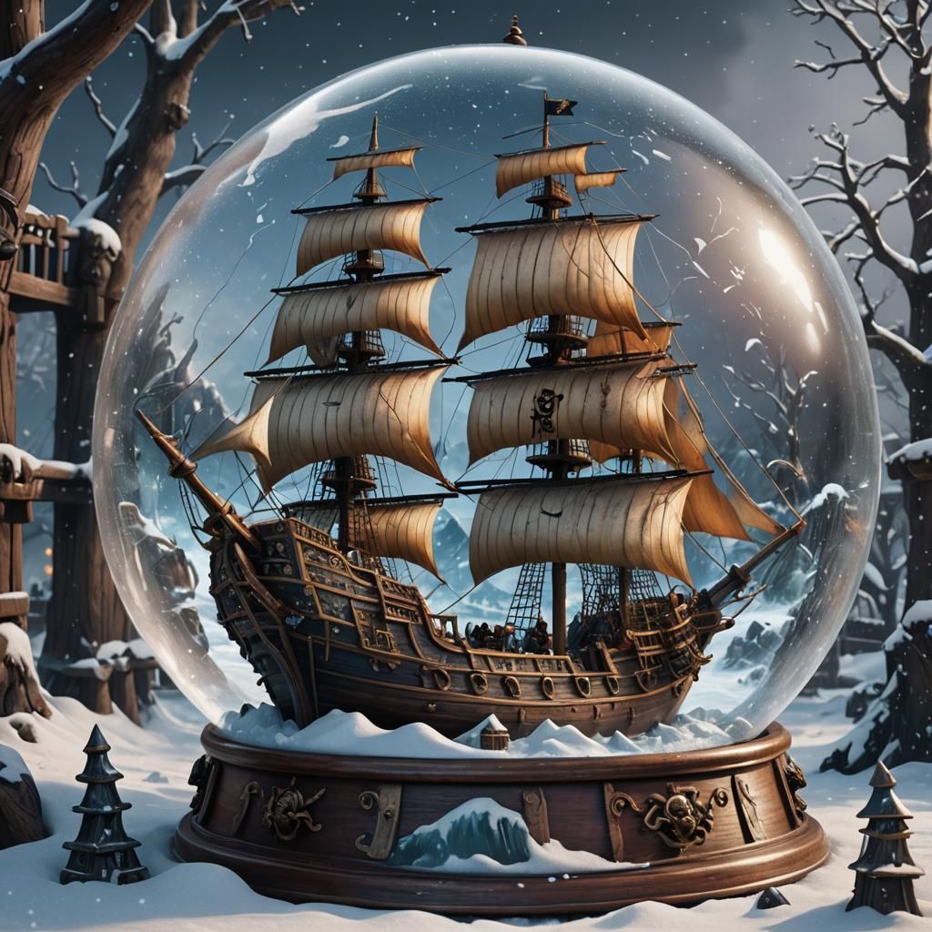 Fantastical Pirate Ship in a Vibrant Snow Globe