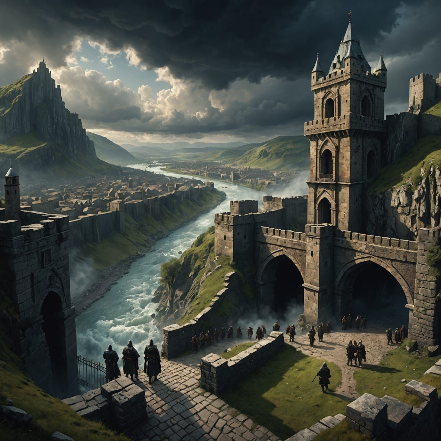 Defensive Fortress Amidst a Swirling Stormy Valley