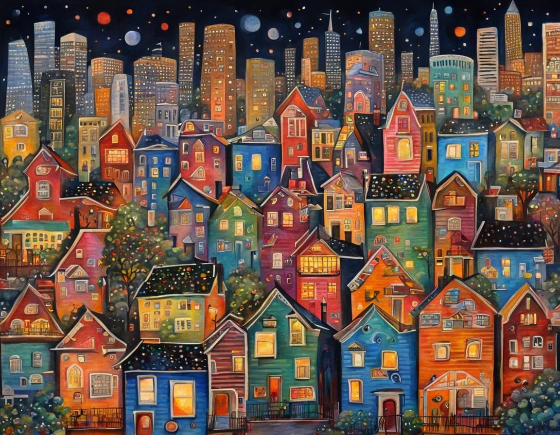 San Francisco Nightscape: Folk Art Cityscape with Music Note...