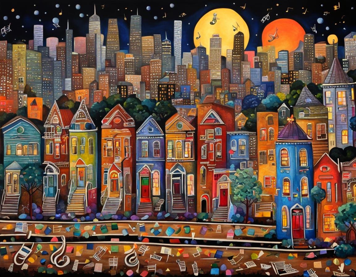 San Francisco Nightscape: Conic Buildings & Guitars