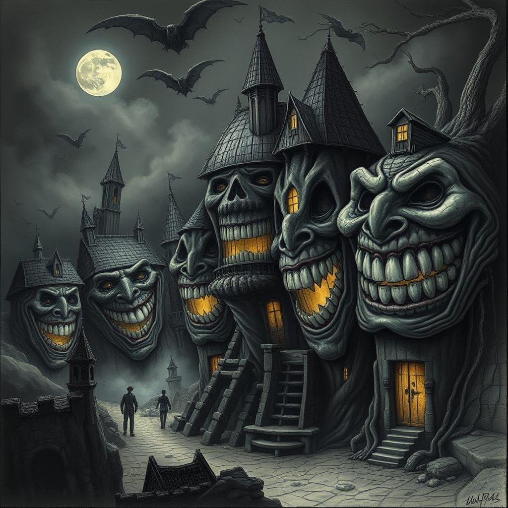 Twisted Village of Grotesque Grins in Dark Fantasy Style