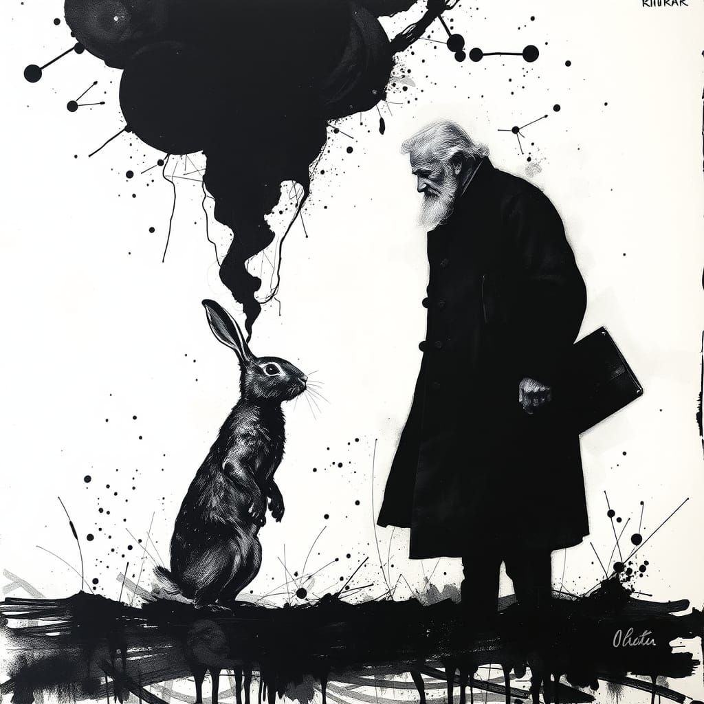 Ink Splatter Art Depicting an Old Man and Rabbit