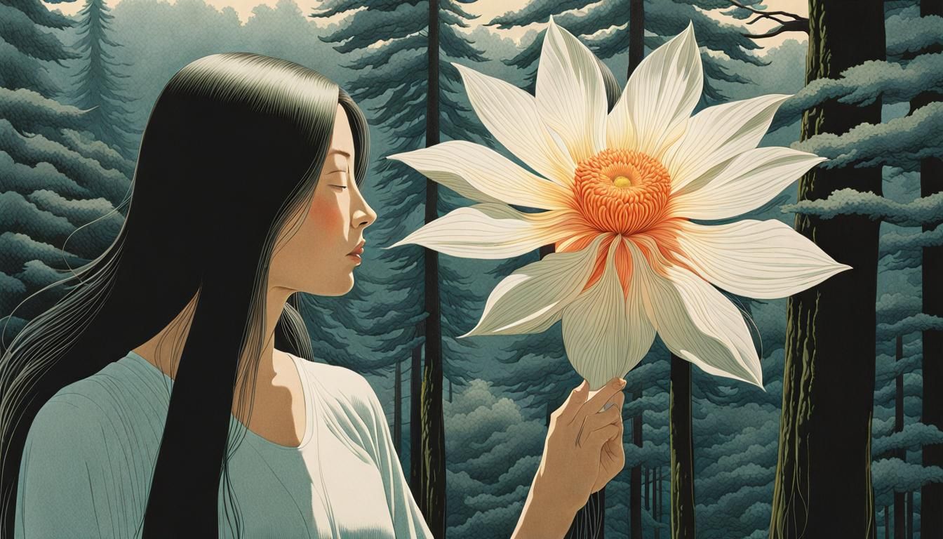 Elegant Woman with Long Hair in Motion, Holding Narcotic Flo...