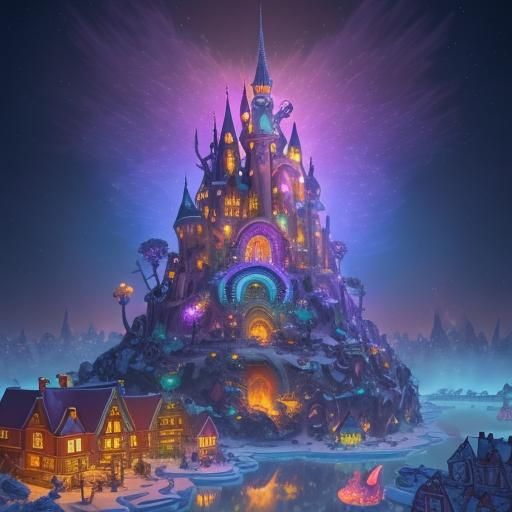 Whimsical Elephant in Candyland Village Under Starry Skies