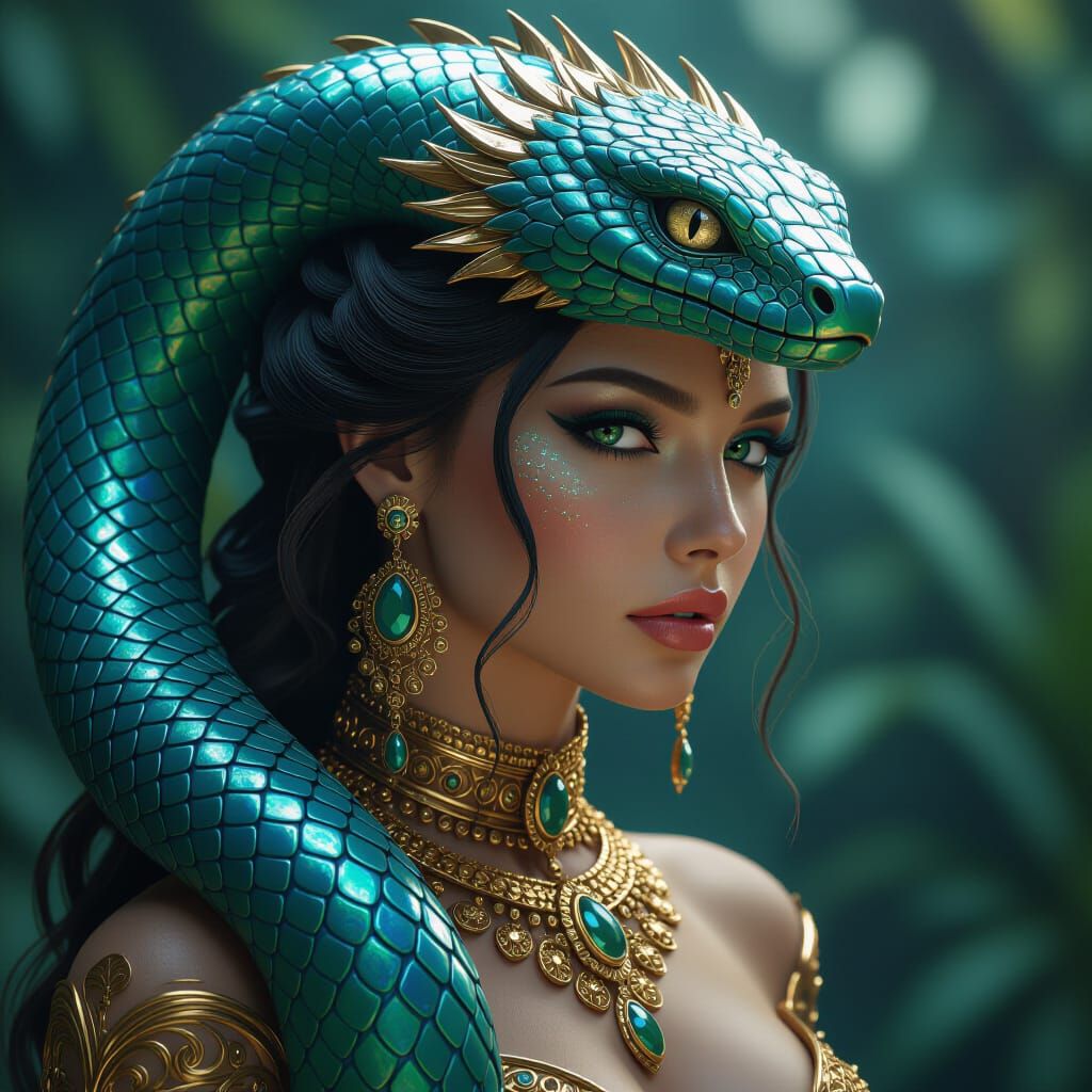 Iridescent Serpent Woman Adorned in Gold