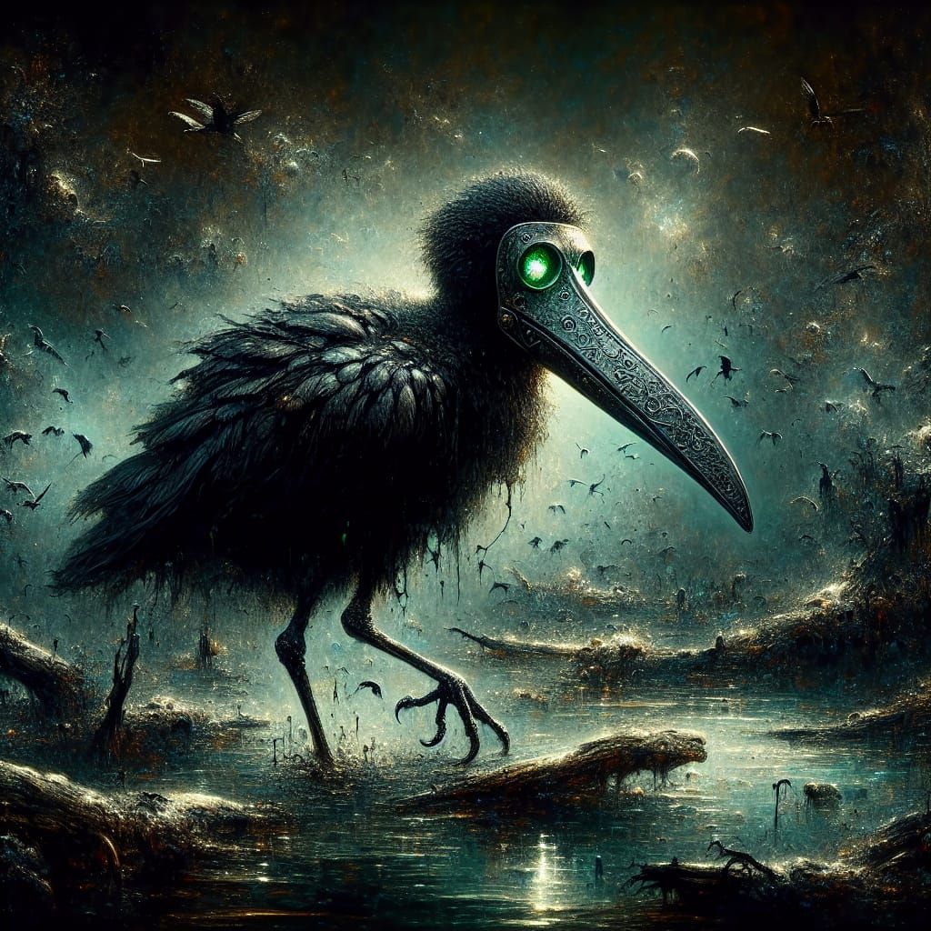 Mythical Spoonbill in Dark, Murky Swamp