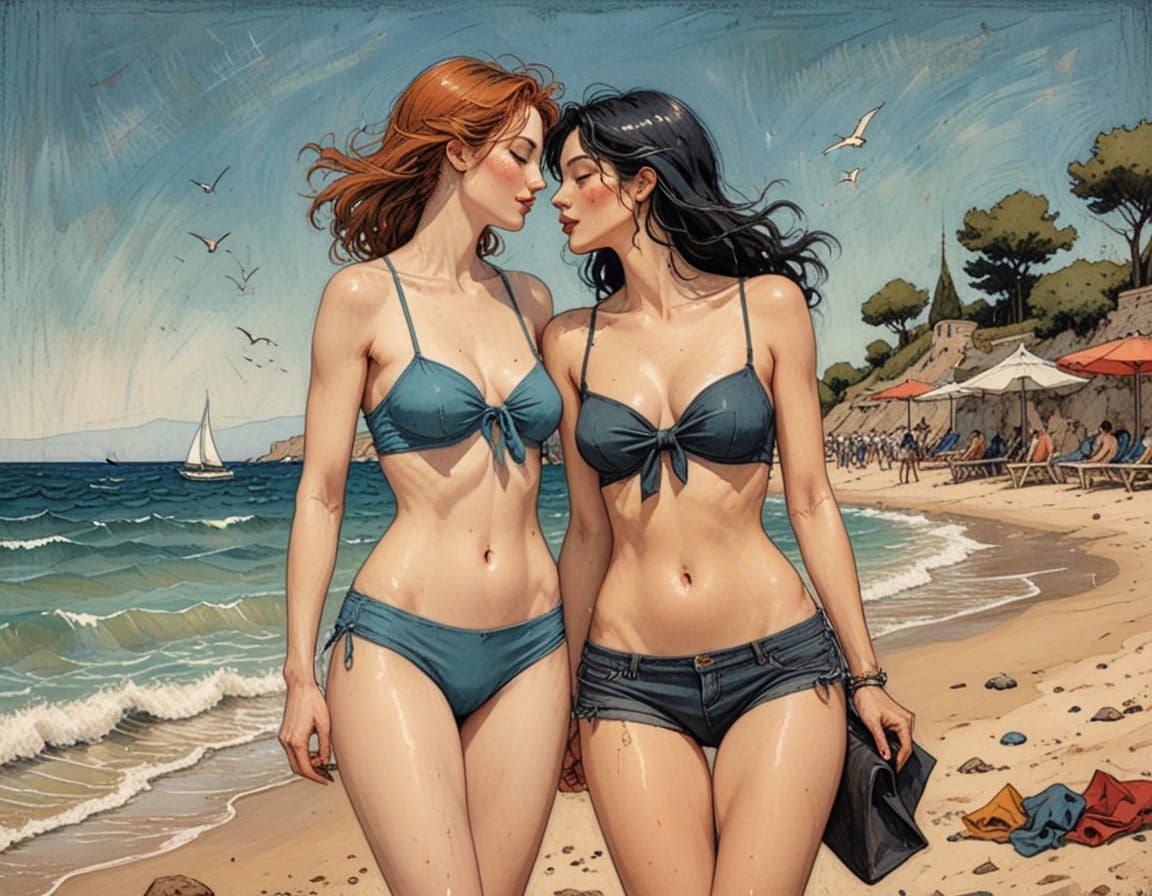Barechested Beach Scene in Whimsical and Realistic Styles
