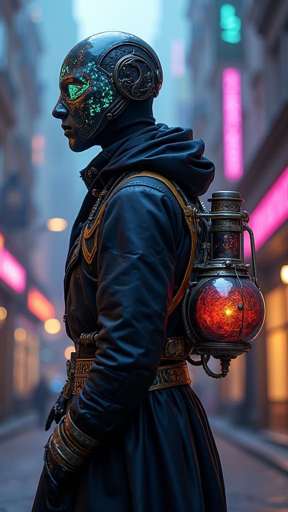 Futuristic Rogue Master of Deception in Cyber-Baroque Citysc...