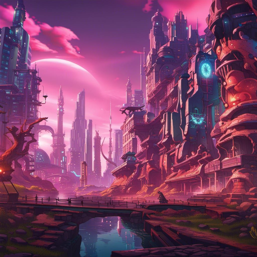 Epic Fantasy Concept Art in Vibrant Future Funk Style