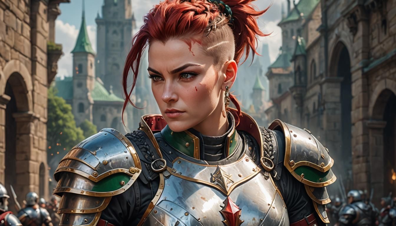 Fierce Fantasy Warrior Maiden with Red Mohawk and White Pala...