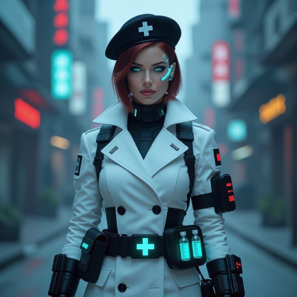 Cyberpunk Combat Medic in City Battlefield