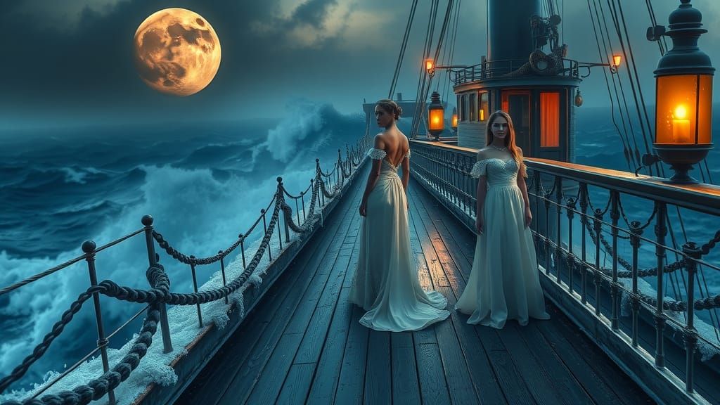 Elegant Women on a 19th Century Steam Ship in a Haunting, Mi...