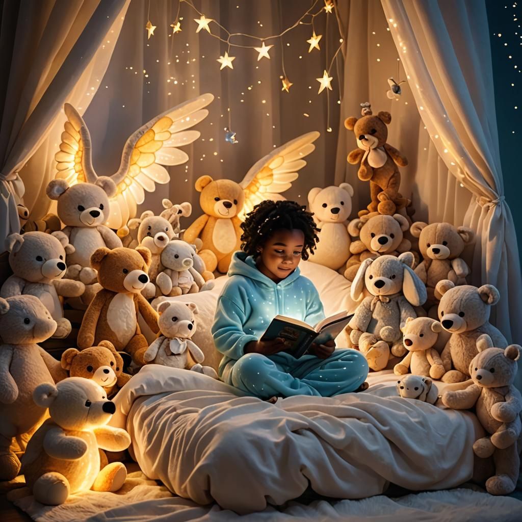 Whimsical Child's Bedtime Scene in a Dreamy Glowing Aestheti...