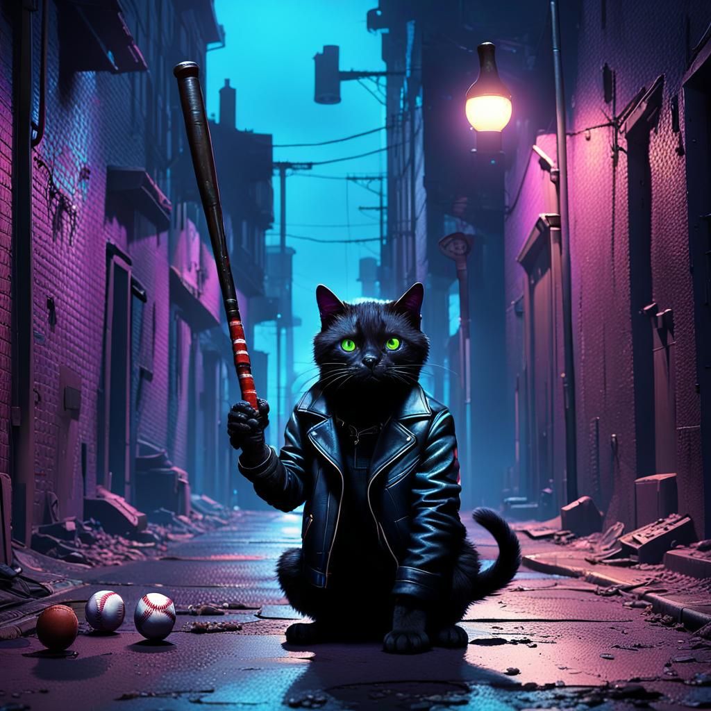 Urban Noir Cat in Leather Jacket Wields Spiked Bat and Vodka