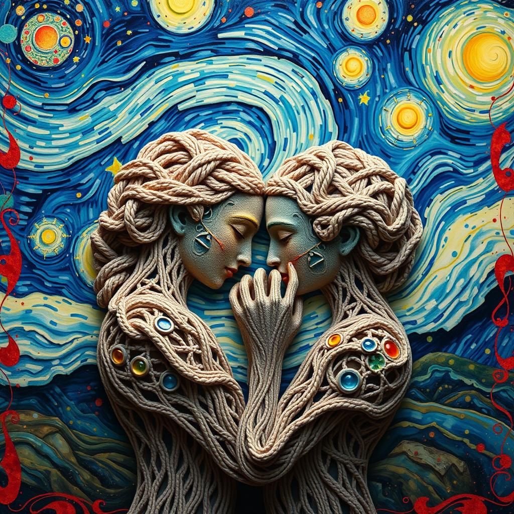 Dreamlike Tapestry of Intertwined Souls in a Vibrant Starry....