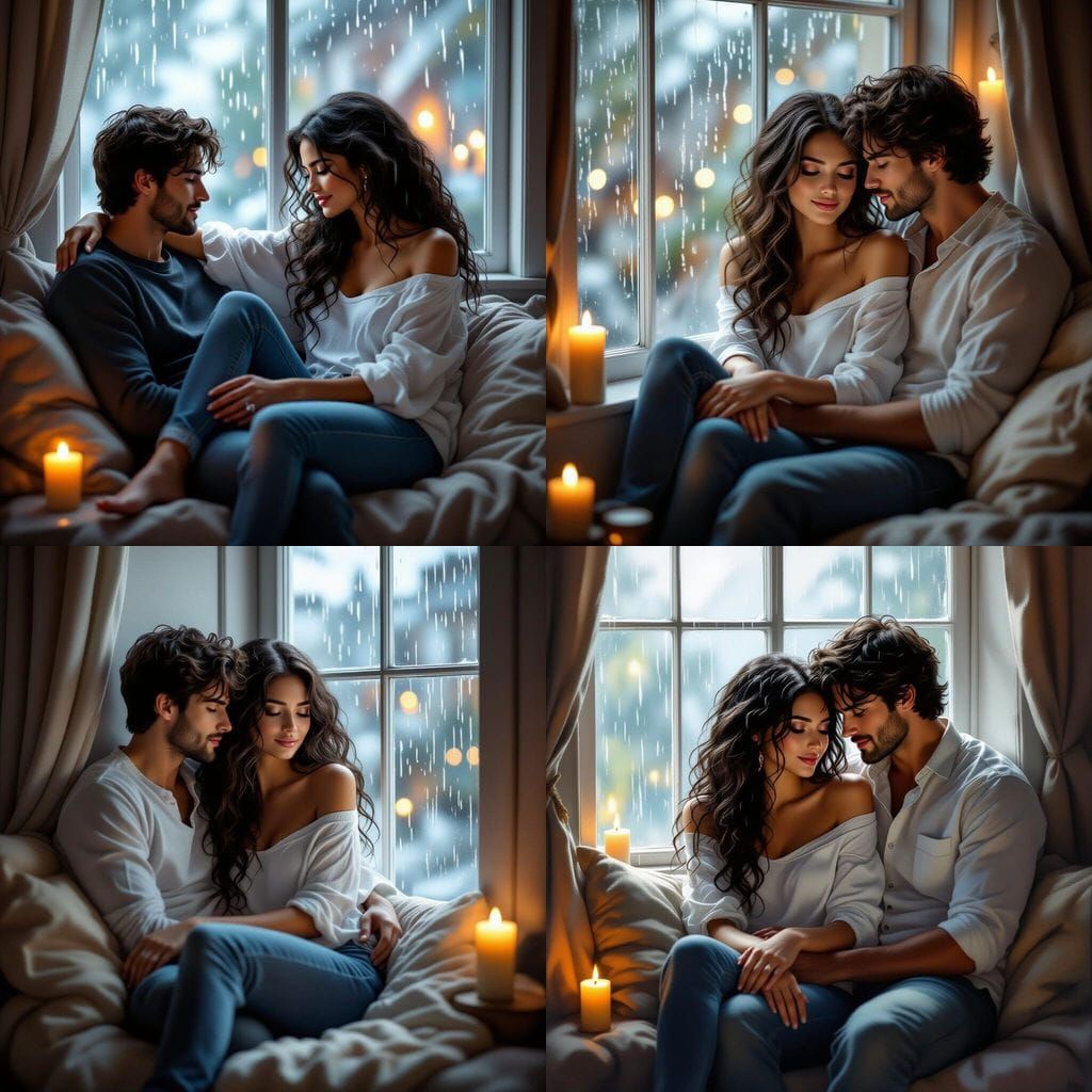 Romantic Rainy Night Scene in Painterly Style