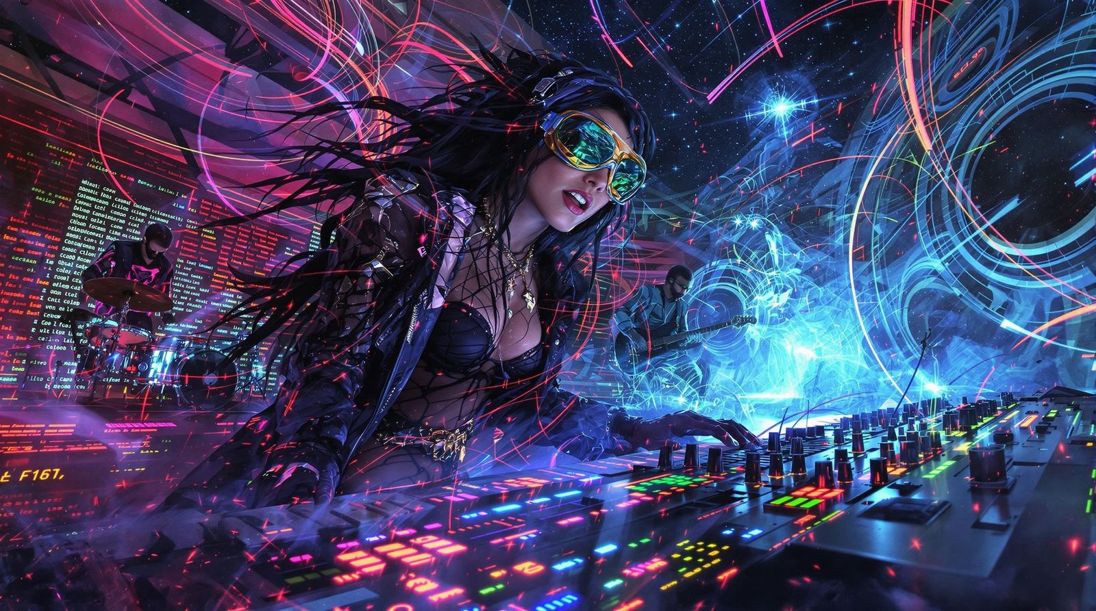 Cyberpunk Shaman Priestess in Cosmic Rock Band Scene