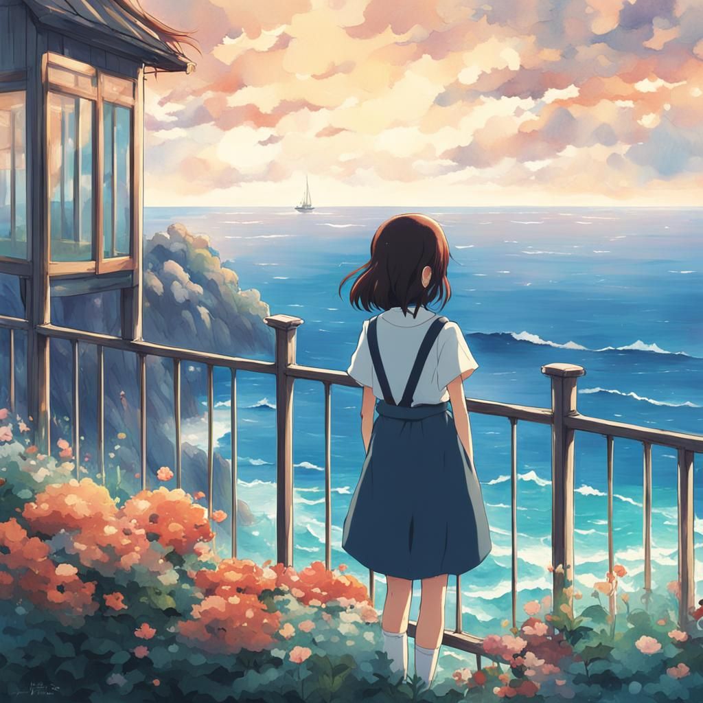 Suzume Contemplates the Endless Ocean in Ghibli-Inspired Sty...