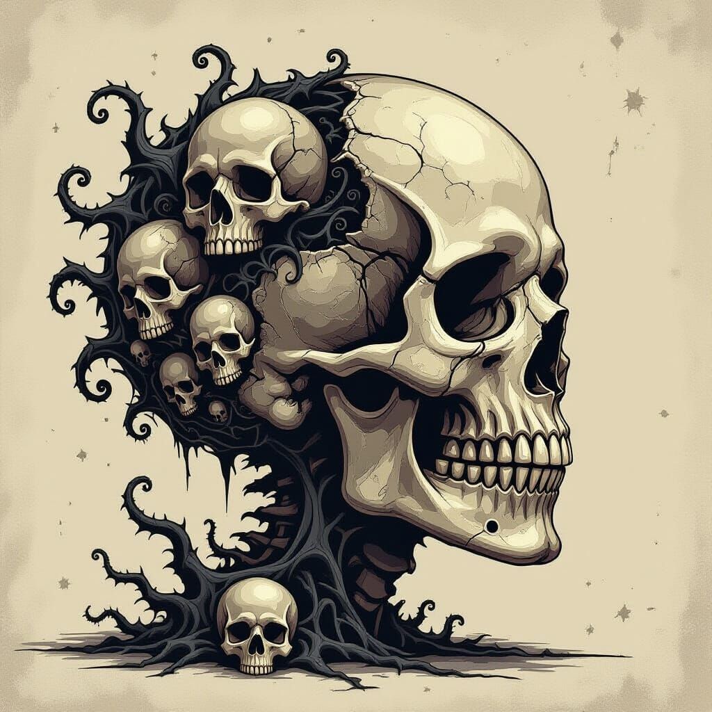 Horrific Skull Adorned with Tendrils and Skulls