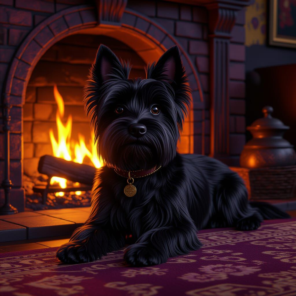 Cute Scottish Terrier by Fireplace, Dark Fantasy Art
