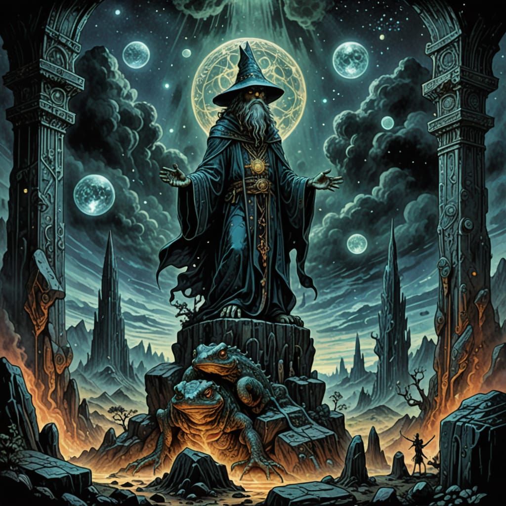 Occult Newt Cosmic Illustration with Monoliths