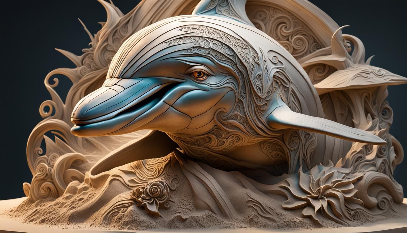 Intricately Carved Sand Dolphin Sculpture in Triadic Colors
