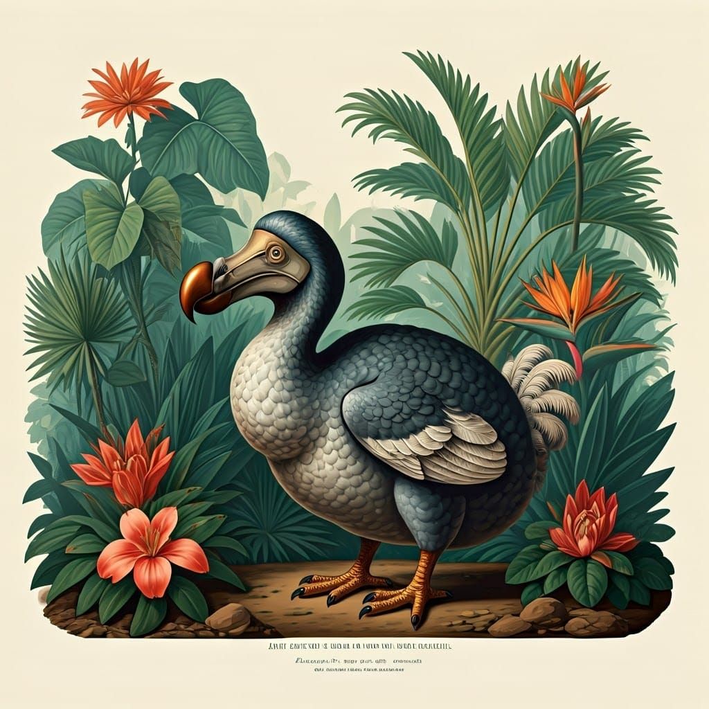 Dodo in a Vibrant 19th-Century Natural History Illustration....